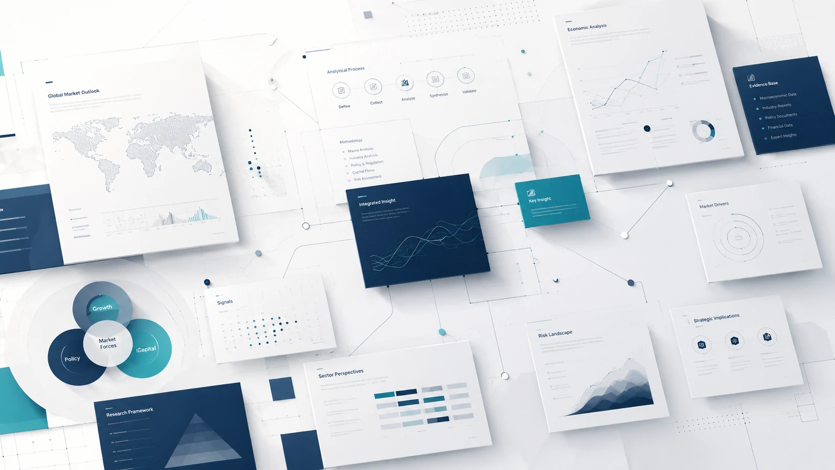 Analytical workspace with research documents and market notes